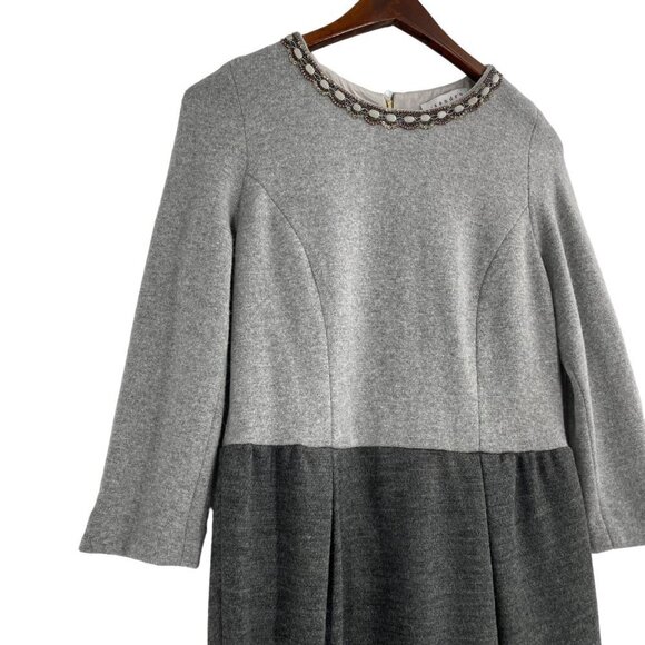 Sandro Gray Wool Cashmere Blend Long Sleeve Dress Womens 8 Embellished Neckline - Picture 2 of 13